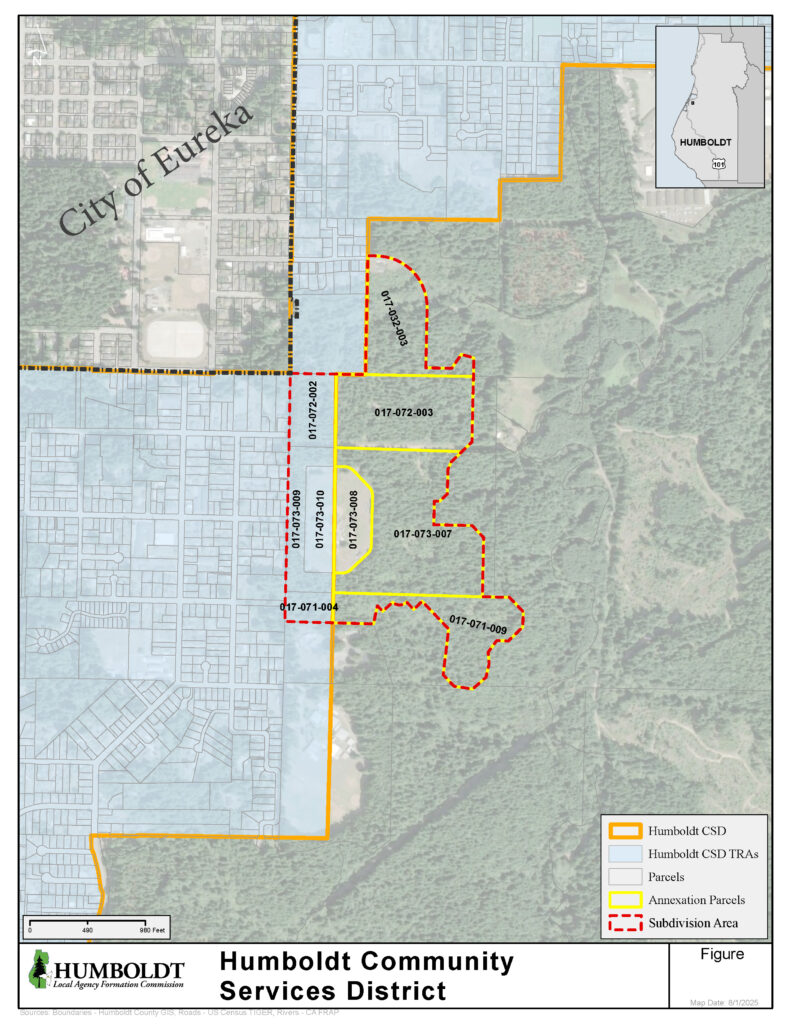 Map depicting the proposed Humboldt Community Services District annexation area for the North McKay Ranch Subdivision. The map shows the City of Eureka boundary, the Humboldt CSD boundary, the annexation area, and the subdivision area. 