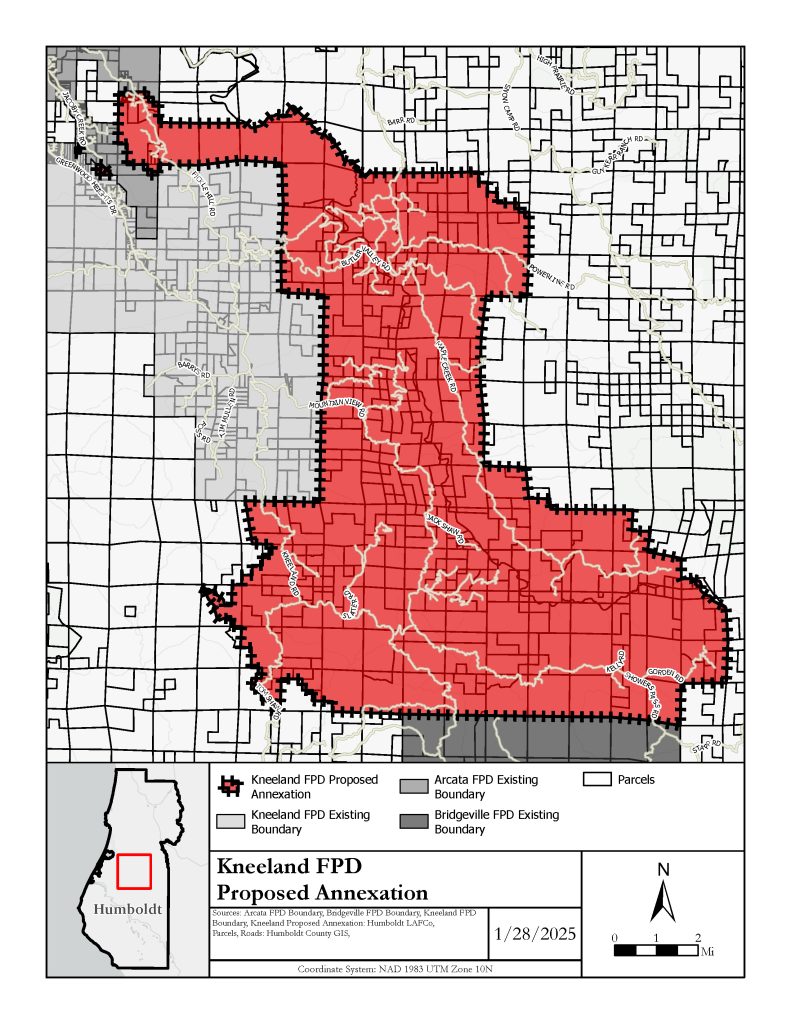 Map of proposed Kneeland FPD Goodwill Annexation area showing the boundaries of the existing Kneeland, Arcata, and Bridgeville fire protection districts along with the proposed annexation area in red. 