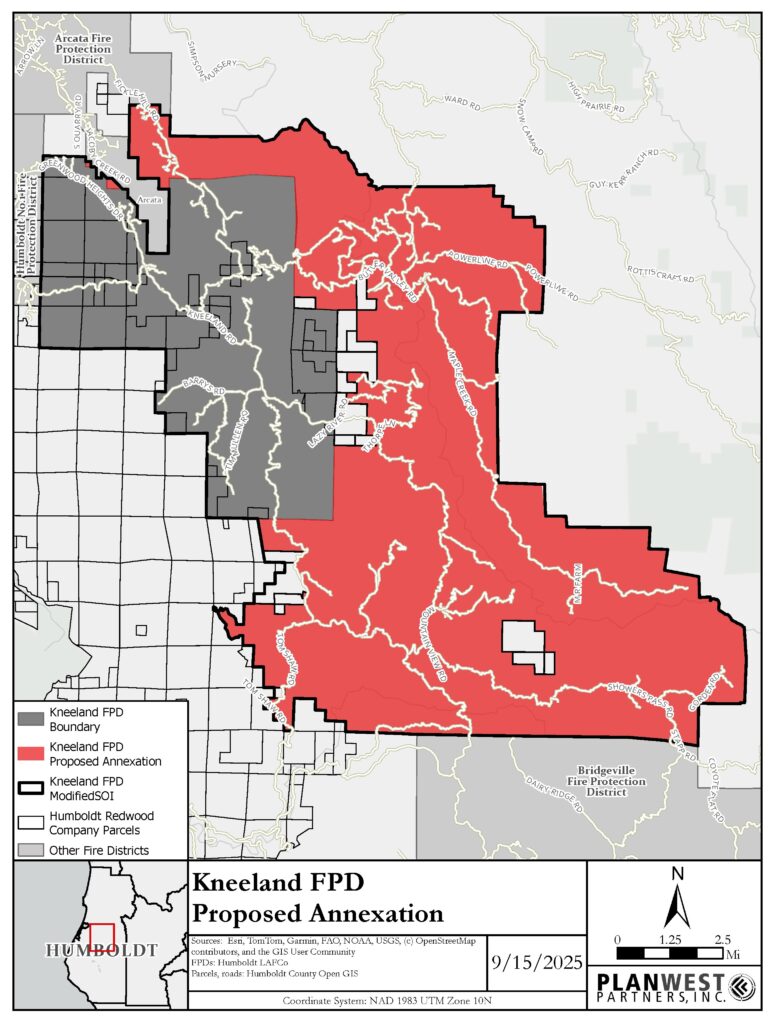 Map of the amended Kneeland Fire Protection District Annexation Boundary that shows the removal of Humboldt Redwood Company parcels from the annexation area, thereby creating holes within the District boundary. 